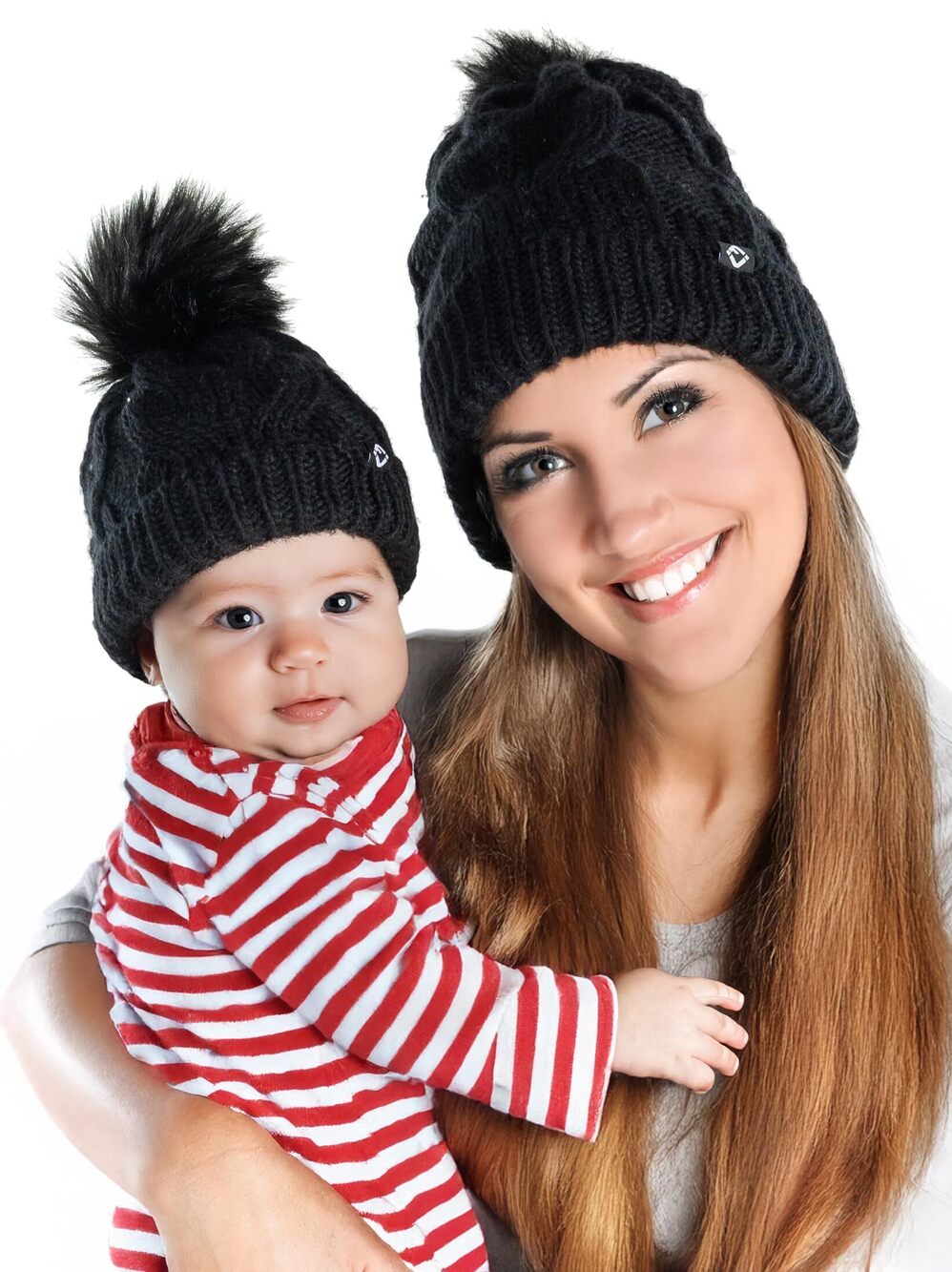 3440 Mom and Baby Matching Winter Hats - Fleece Lined Cable Knit Mom and Me